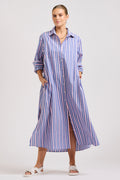 The Luna Oversized Linen Long Shirtdress - Chambray Pink Stripe