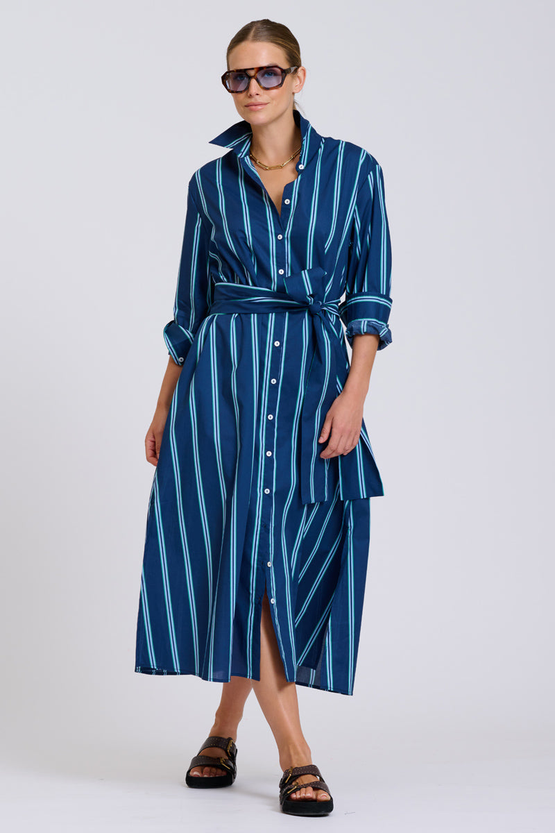Shirty The Luna Oversized Long Line Shirt Dress - Navy with Green Stripe