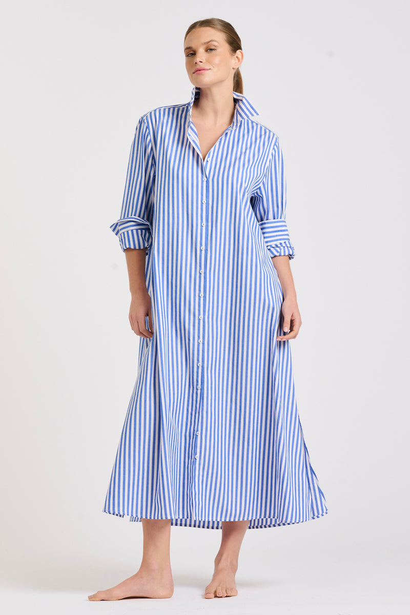Shirty The Luna Oversized Long Shirtdress - Mid Blue Stripe