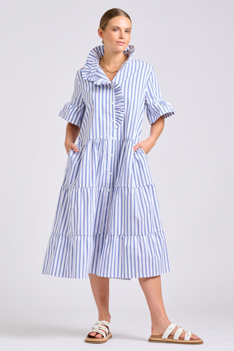 Shirty The Molly Oversized Shirt Dress - White with Azure Ticking