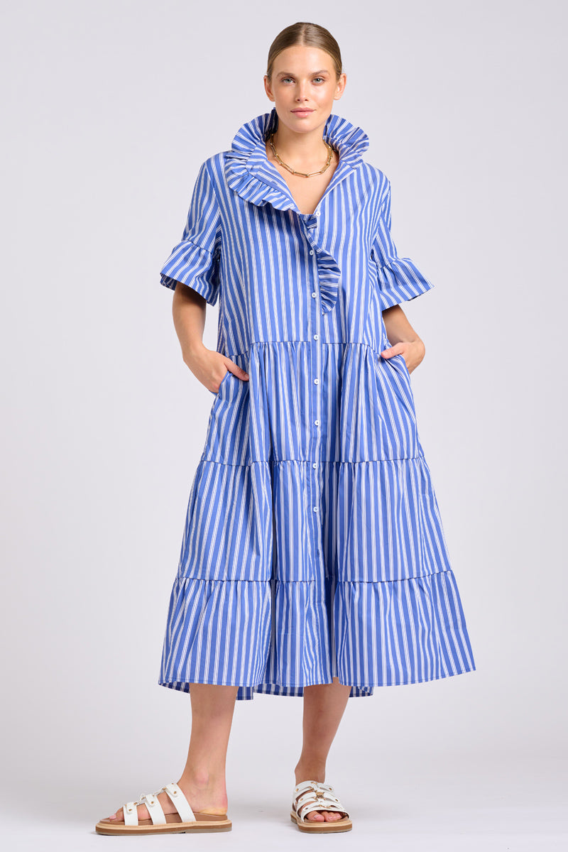 Shirty The Molly Oversized Shirt Dress - Azure with White Ticking
