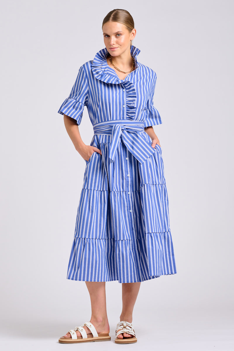 Shirty The Molly Oversized Shirt Dress - Azure with White Ticking