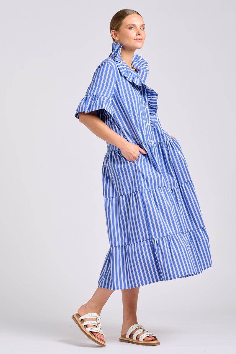 Shirty The Molly Oversized Shirt Dress - Azure with White Ticking