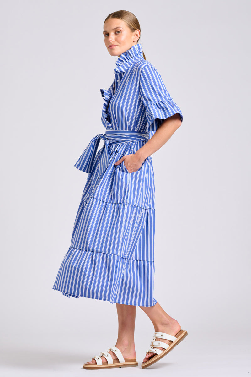 Shirty The Molly Oversized Shirt Dress - Azure with White Ticking