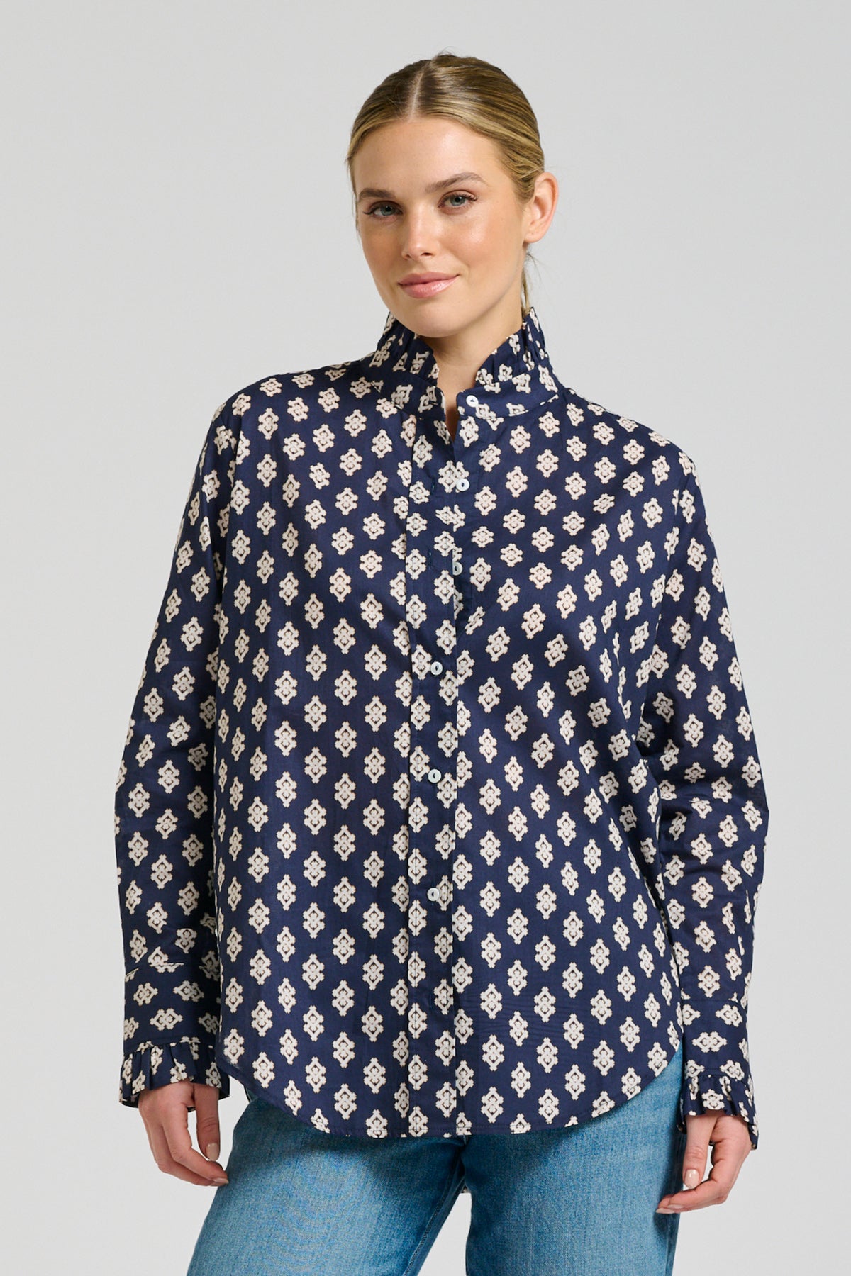 Olivia Classic Frill Collar Shirt - Navy Double Diamond