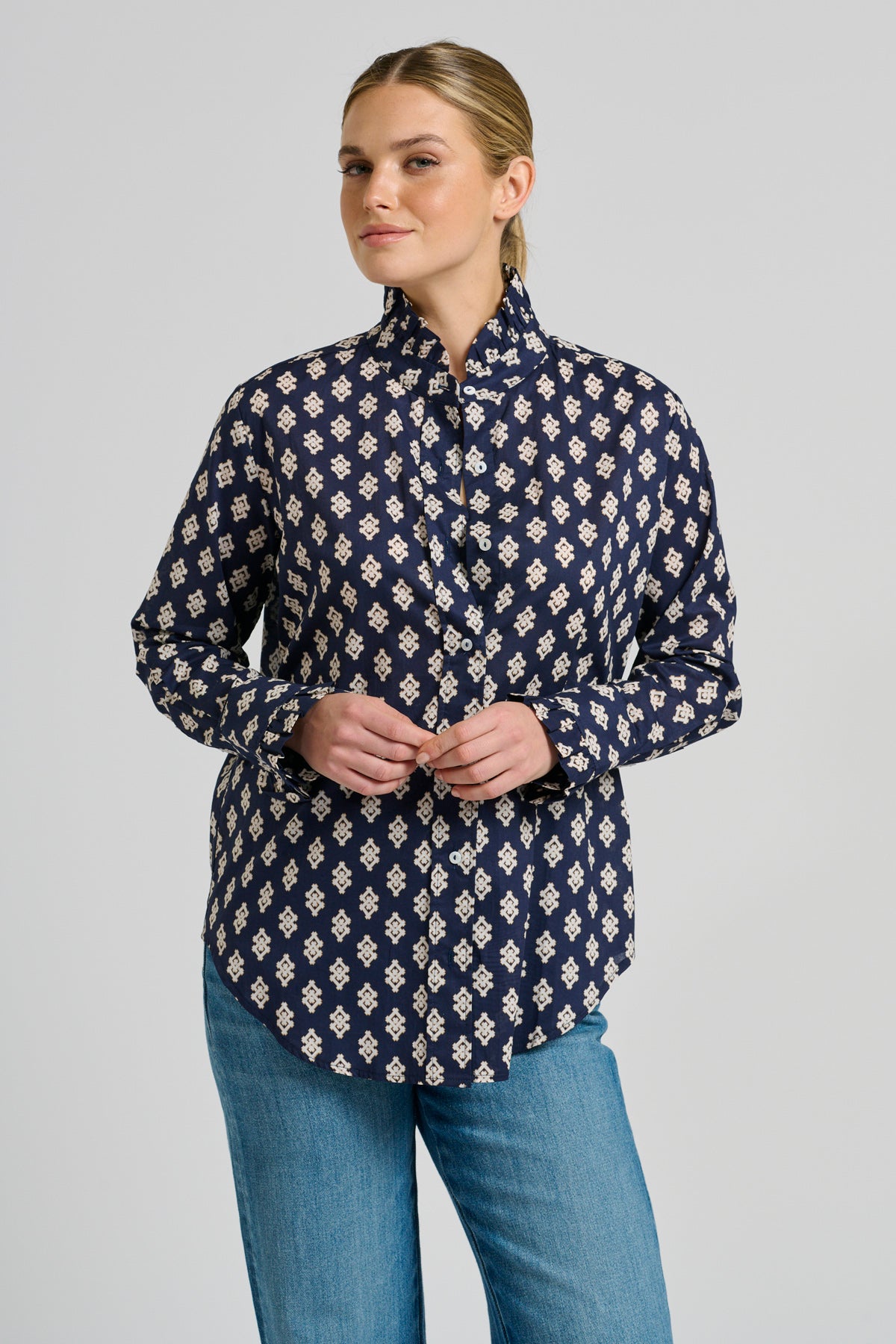 Olivia Classic Frill Collar Shirt - Navy Double Diamond