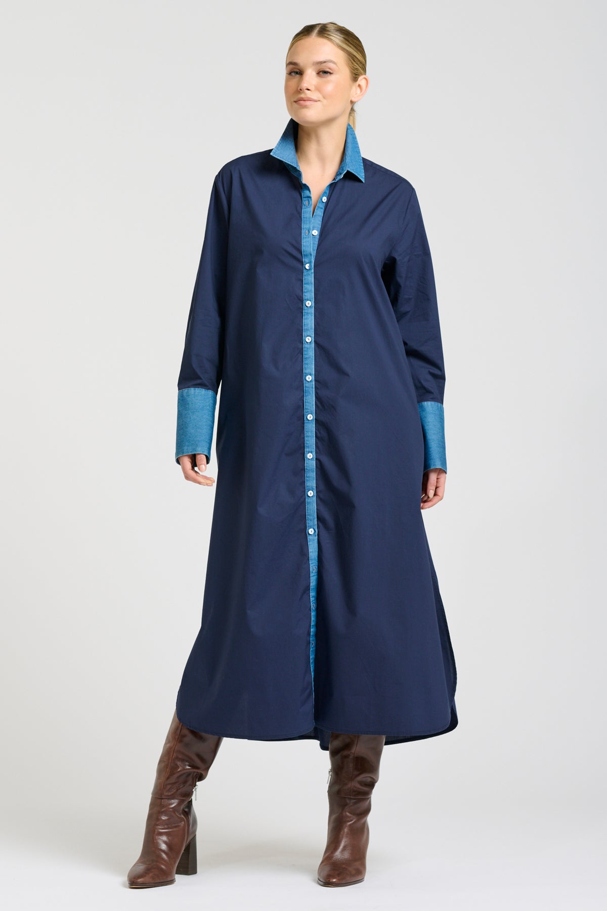 Pia Long Line Shirt Dress - French Navy / Denim Trims