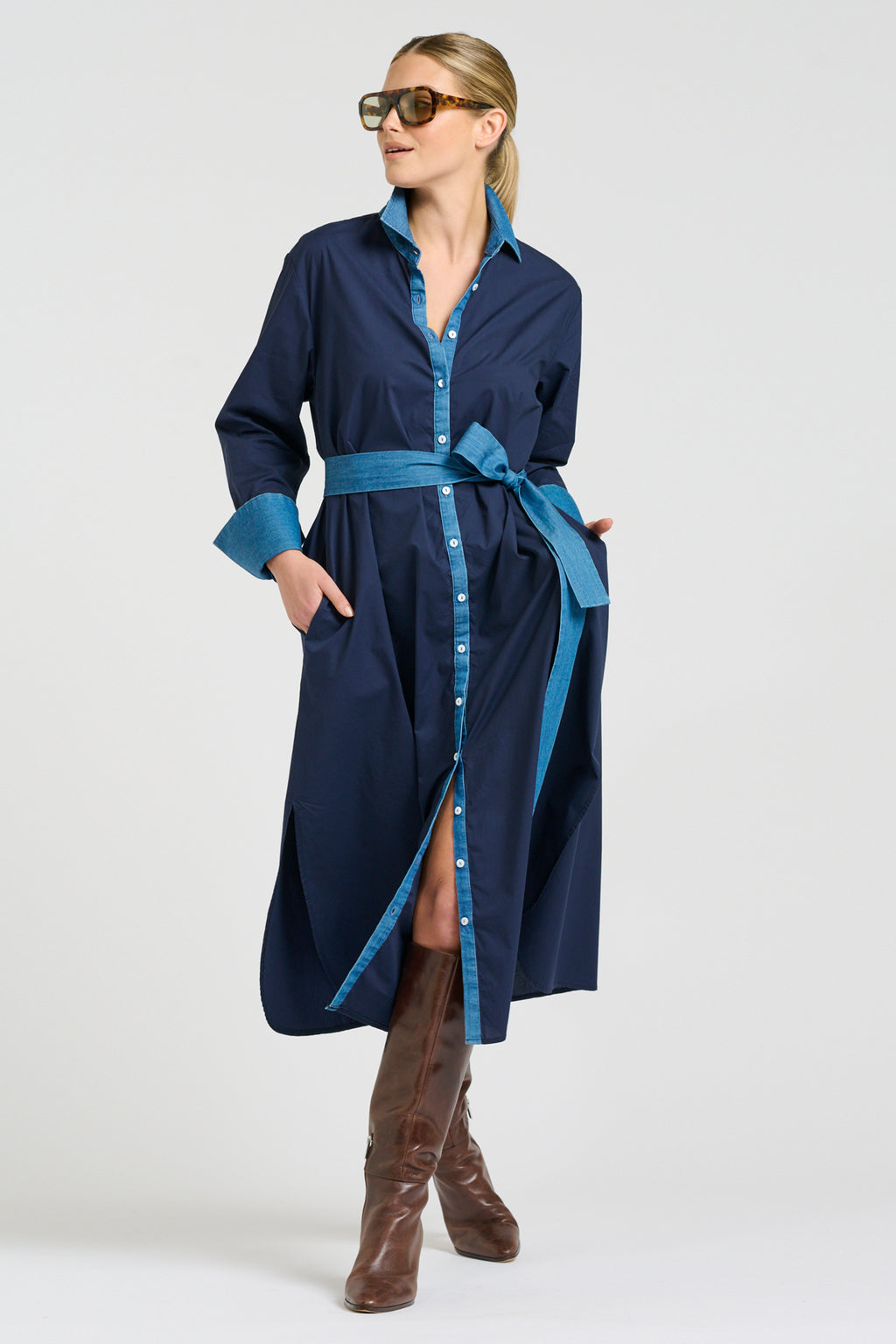 Pia Long Line Shirt Dress - French Navy / Denim Trims