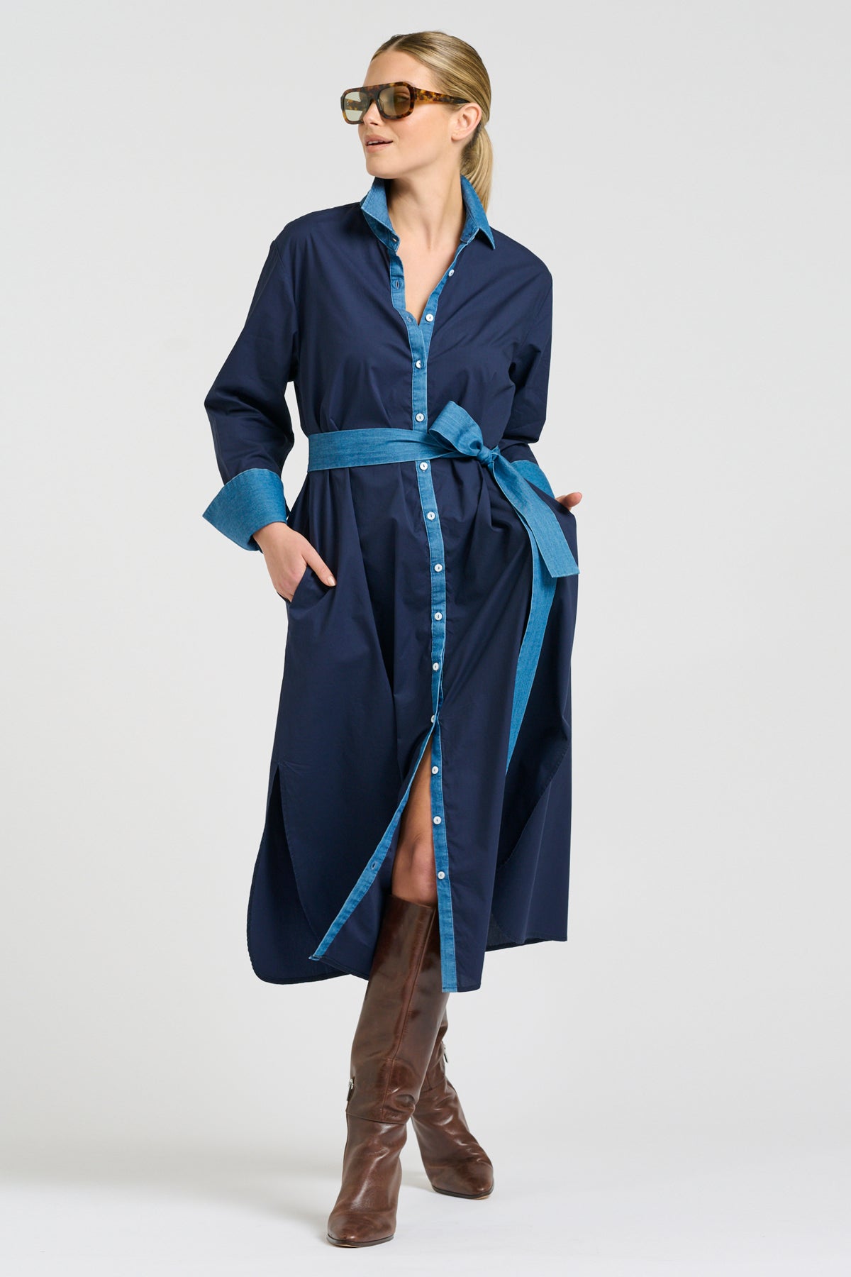 Pia Long Line Shirt Dress - French Navy / Denim Trims