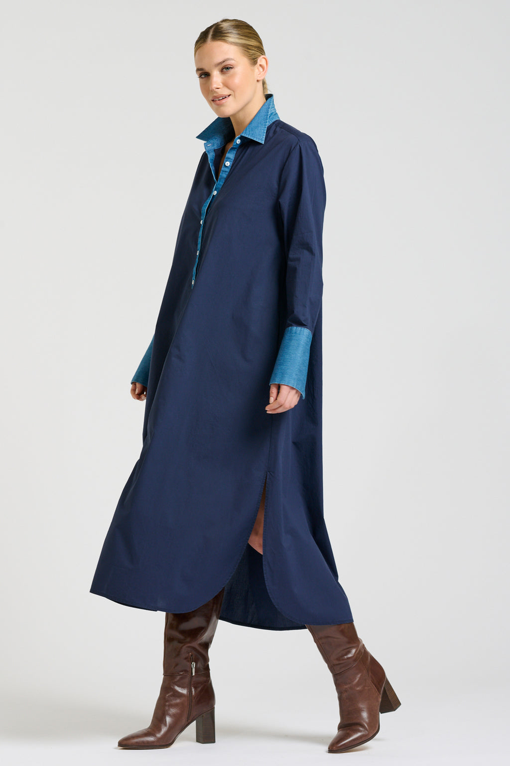 Pia Long Line Shirt Dress - French Navy / Denim Trims