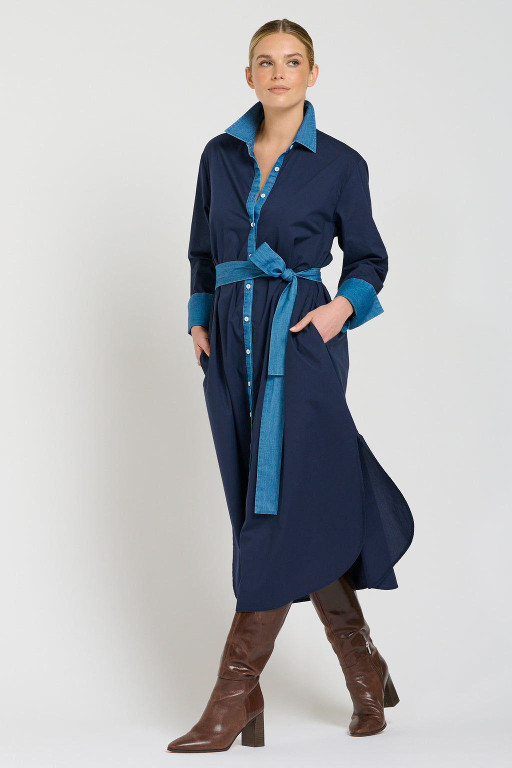 Pia Long Line Shirt Dress - French Navy / Denim Trims