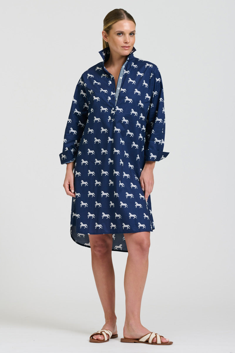 Claire Popover Shirt Dress - Navy With White Pony