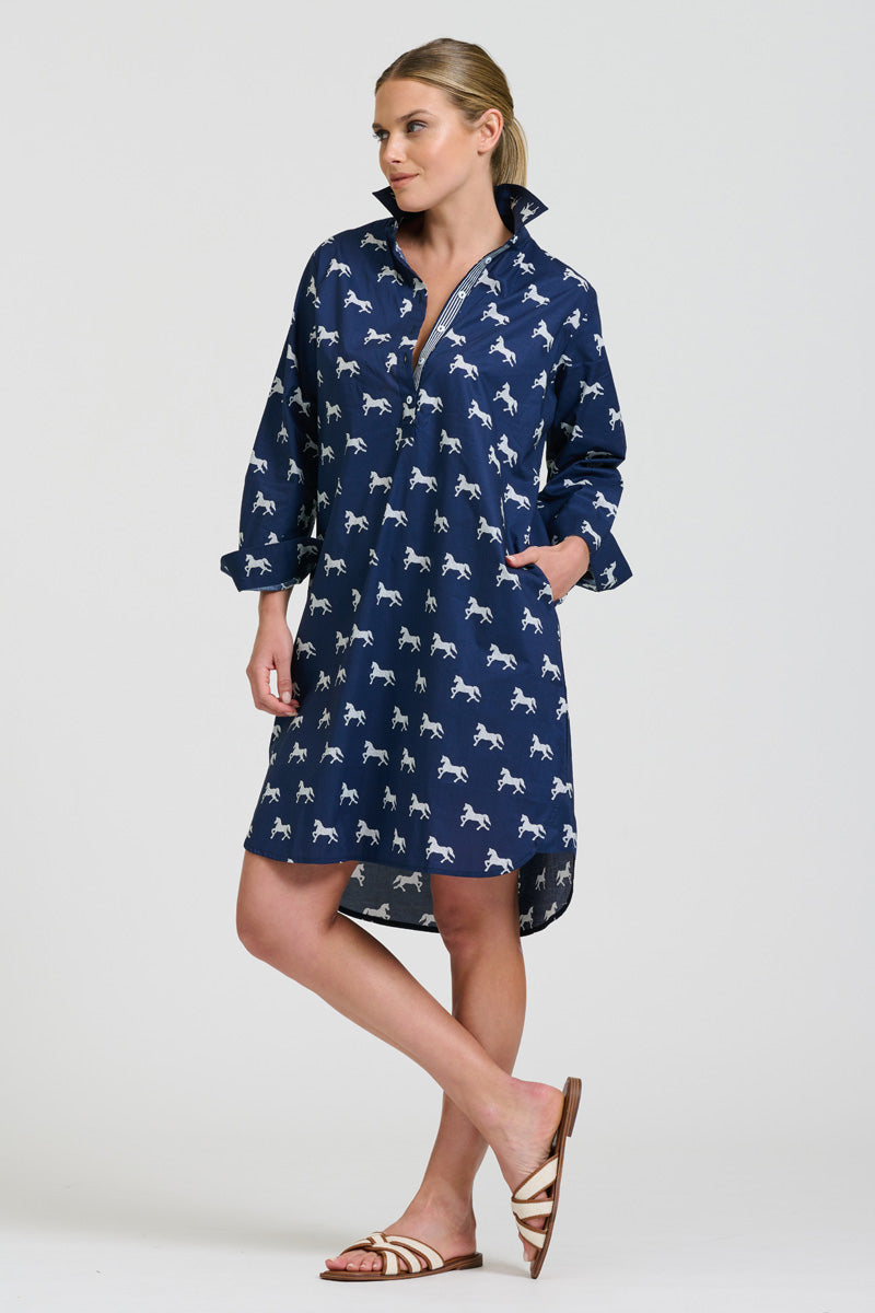 Claire Popover Shirt Dress - Navy With White Pony