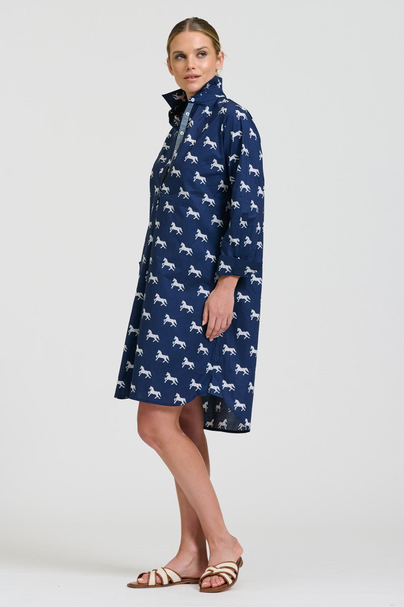 Claire Popover Shirt Dress - Navy With White Pony