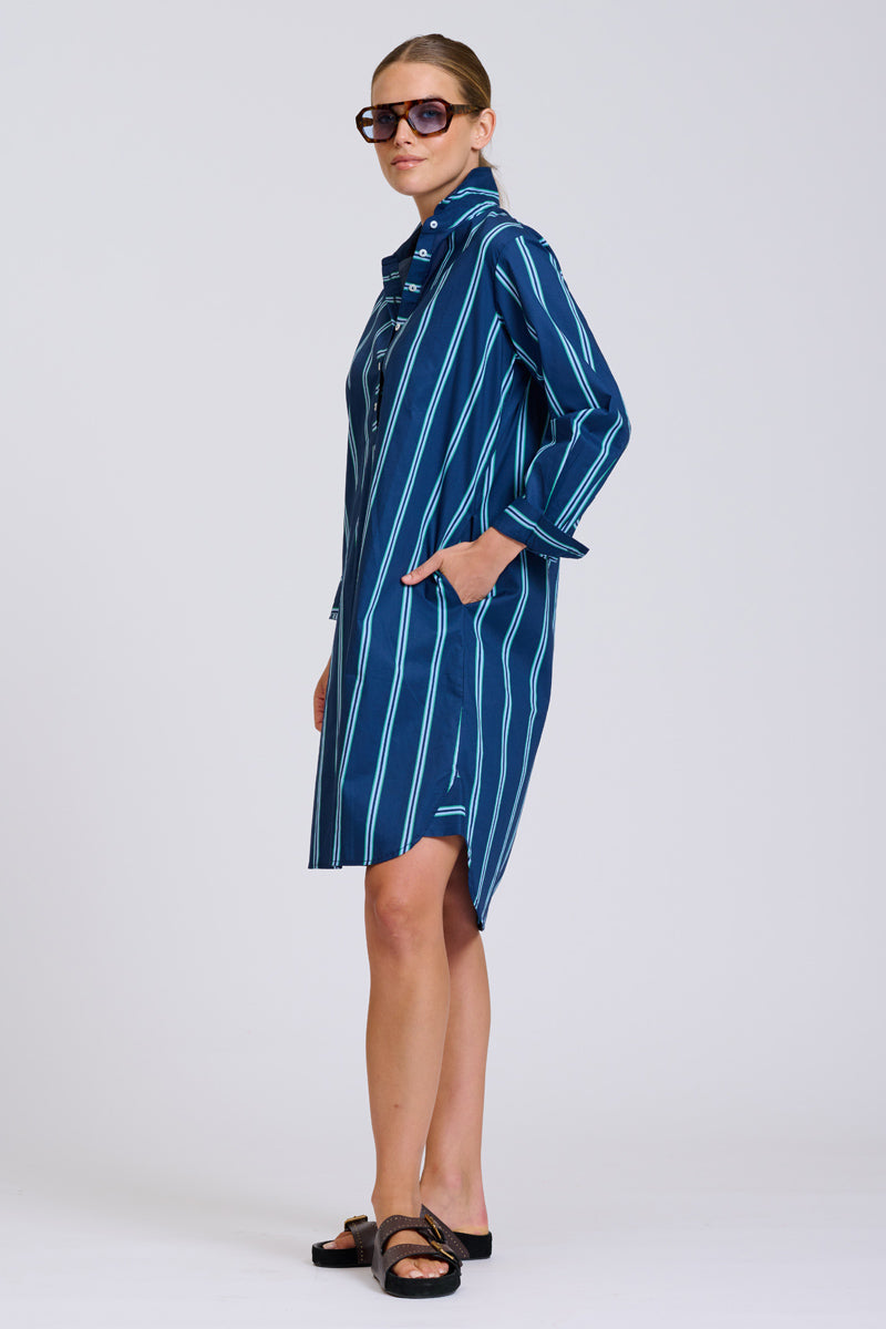 Shirty The Popover Shirtdress - Navy with Green Stripe