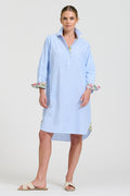 Winnie Classic Shirtdress - Pale Blue Stripe & Floral Trim