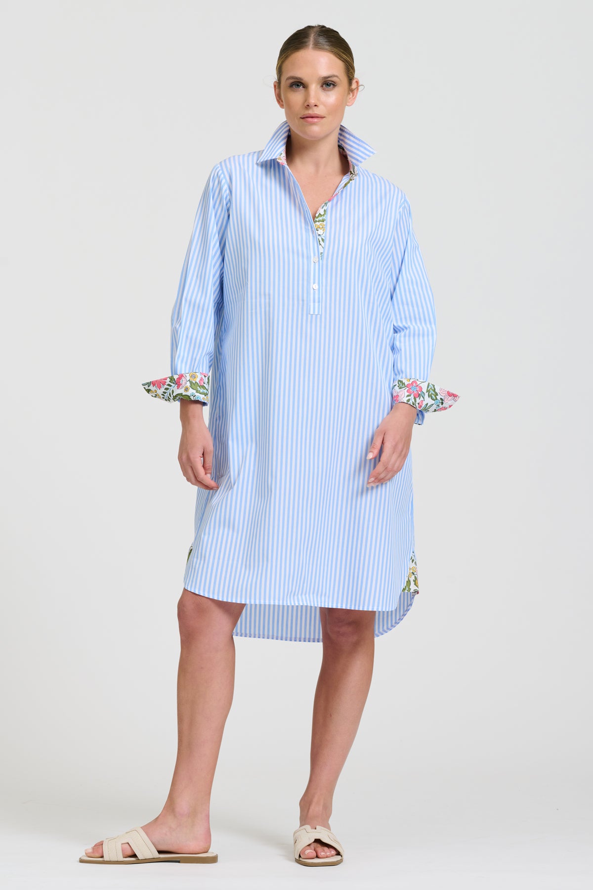 Winnie Classic Shirtdress - Pale Blue Stripe & Floral Trim