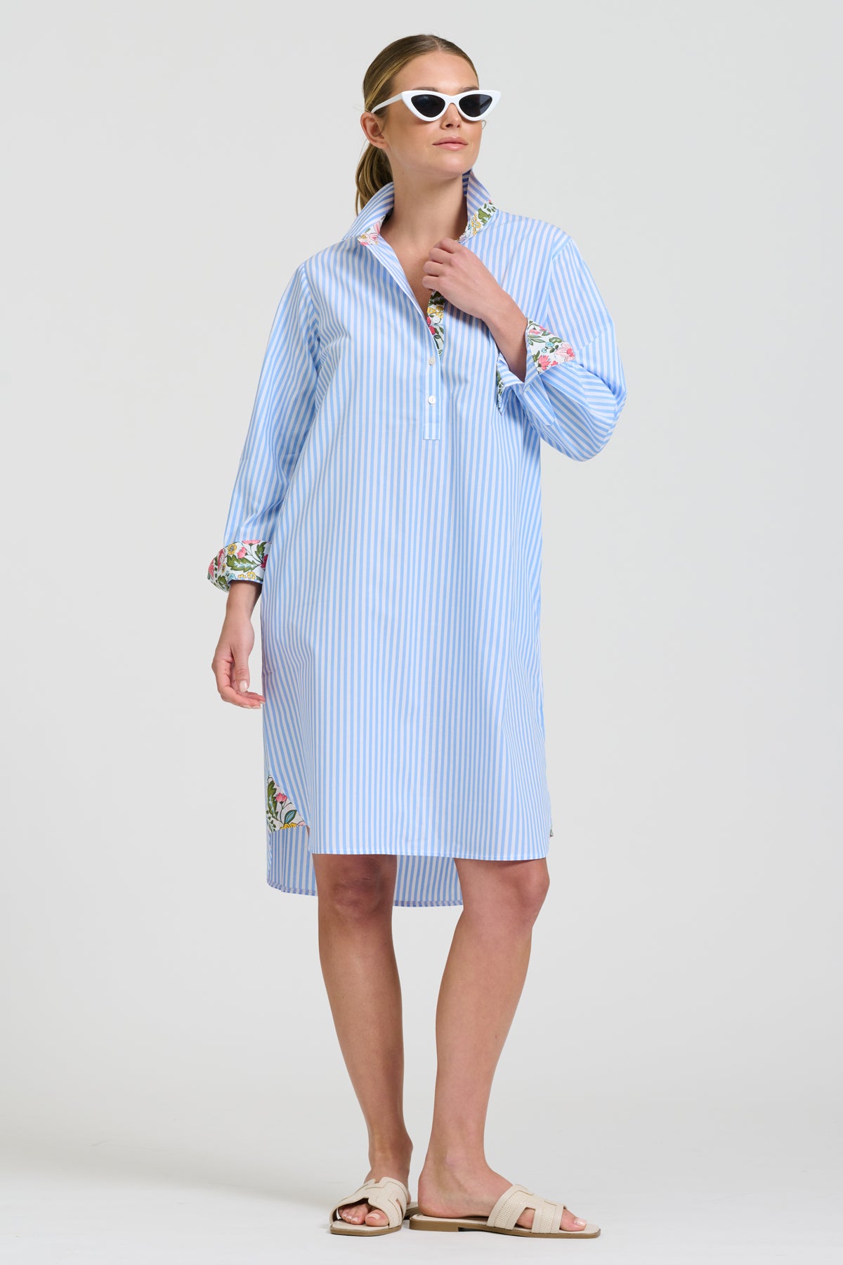 Winnie Classic Shirtdress - Pale Blue Stripe & Floral Trim