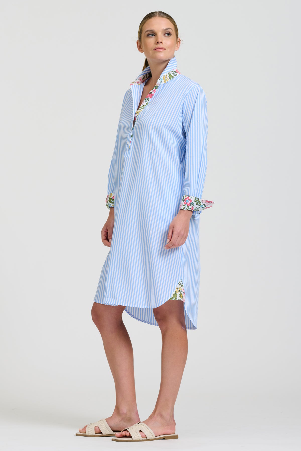 Winnie Classic Shirtdress - Pale Blue Stripe & Floral Trim