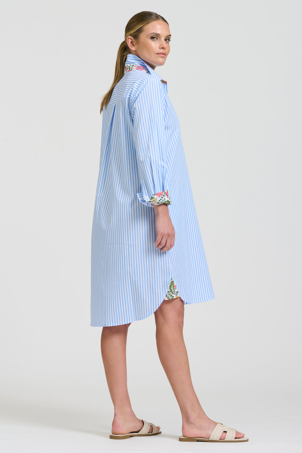Winnie Classic Shirtdress - Pale Blue Stripe & Floral Trim