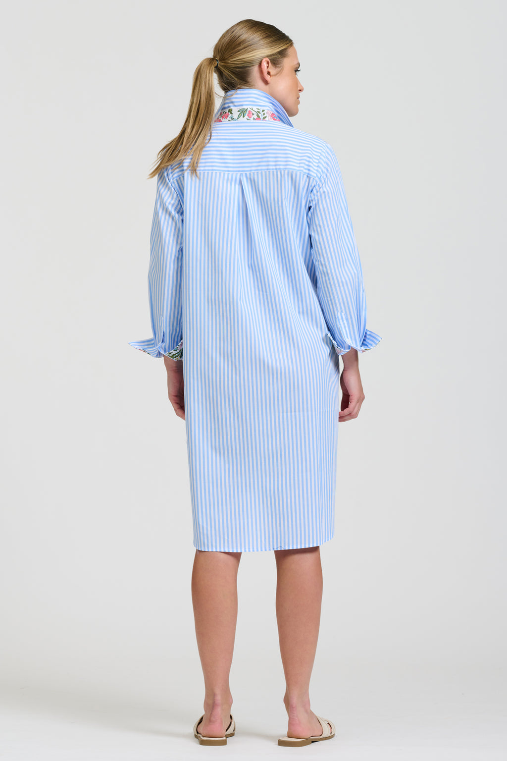 Winnie Classic Shirtdress - Pale Blue Stripe & Floral Trim