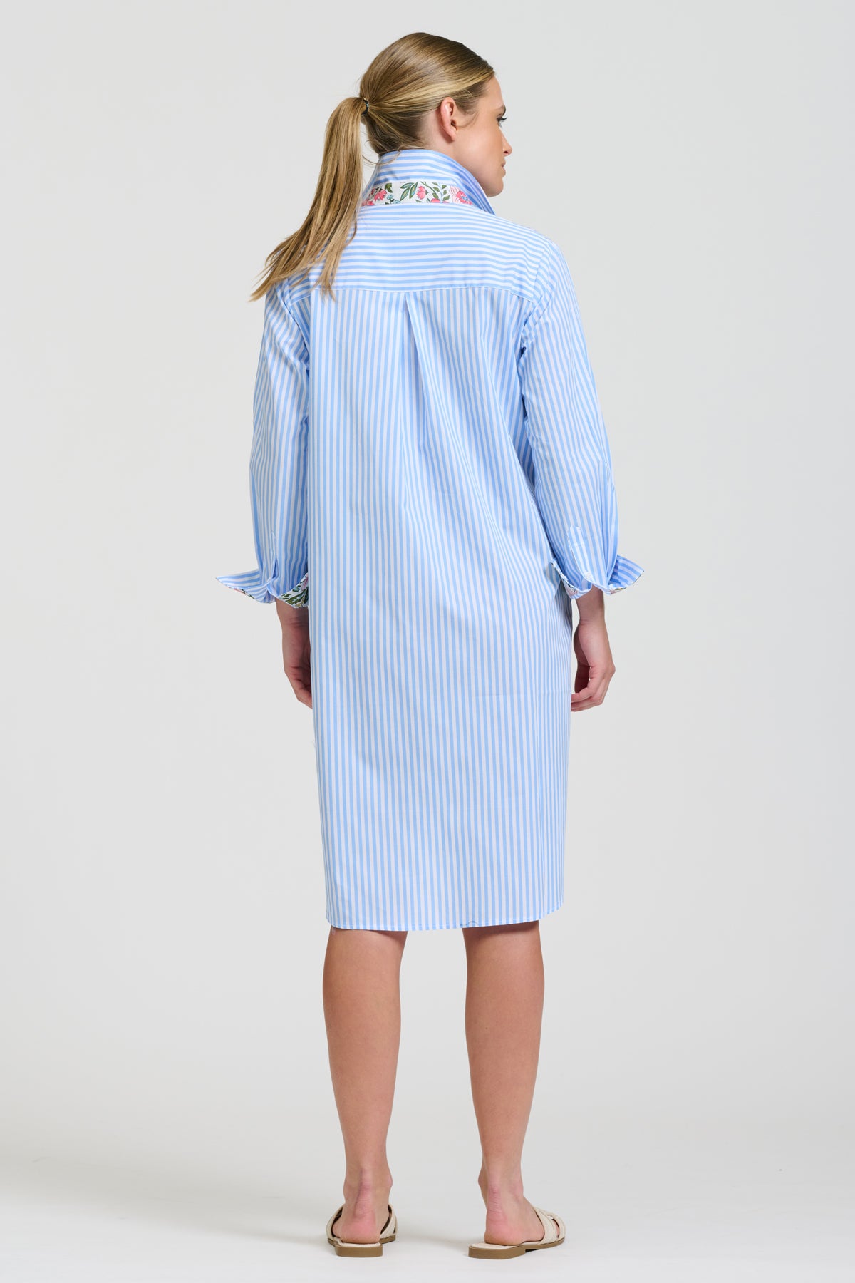 Winnie Classic Shirtdress - Pale Blue Stripe & Floral Trim