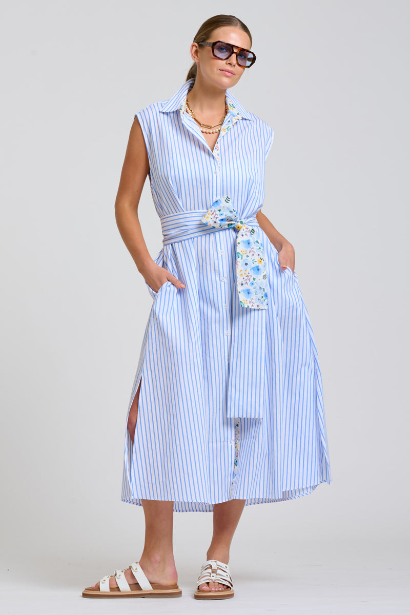 Shirty The Sloane Oversized Sleeveless Dress - White with Blue Stripe Floral Trim