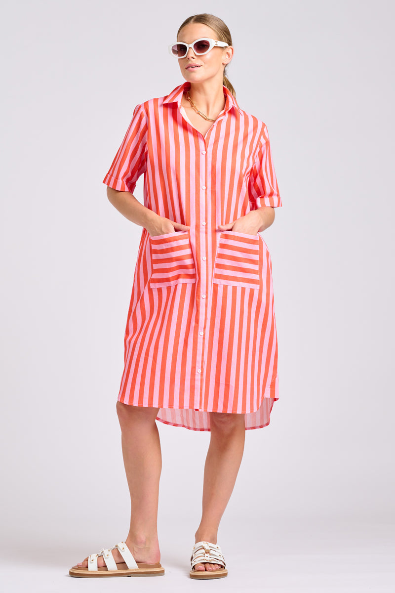 Shirty USA - Caitlin Dress Shirtdress - Pink Papaya Stripe