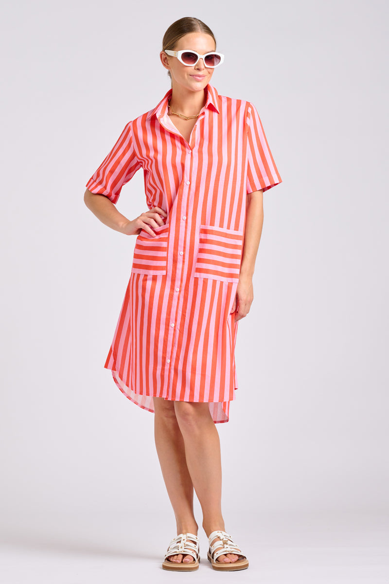 Shirty USA - Caitlin Dress Shirtdress - Pink Papaya Stripe