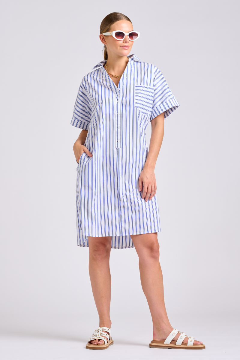 The Ella Shirt Dress - White with Navy Ticking