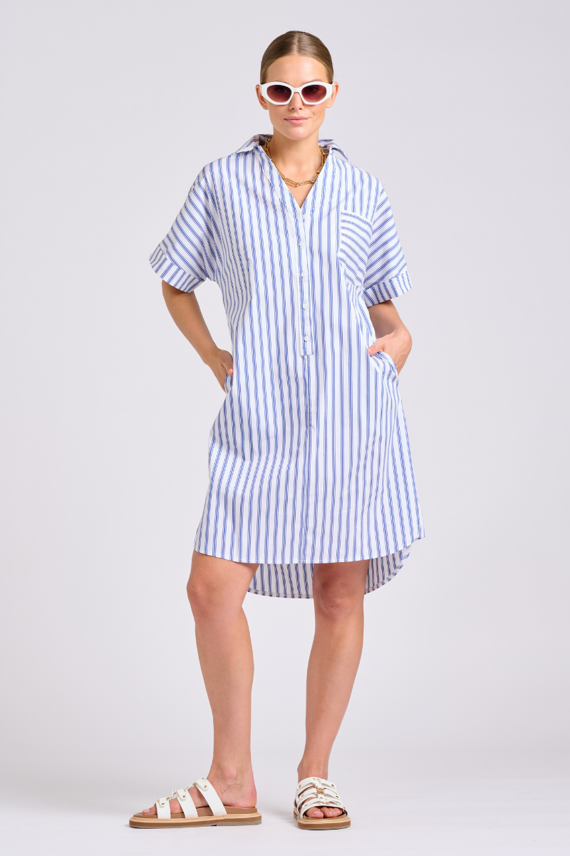 The Ella Shirt Dress - White with Navy Ticking