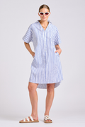 The Ella Shirt Dress - White with Navy Ticking