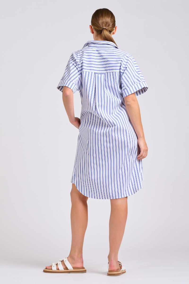 The Ella Shirt Dress - White with Navy Ticking
