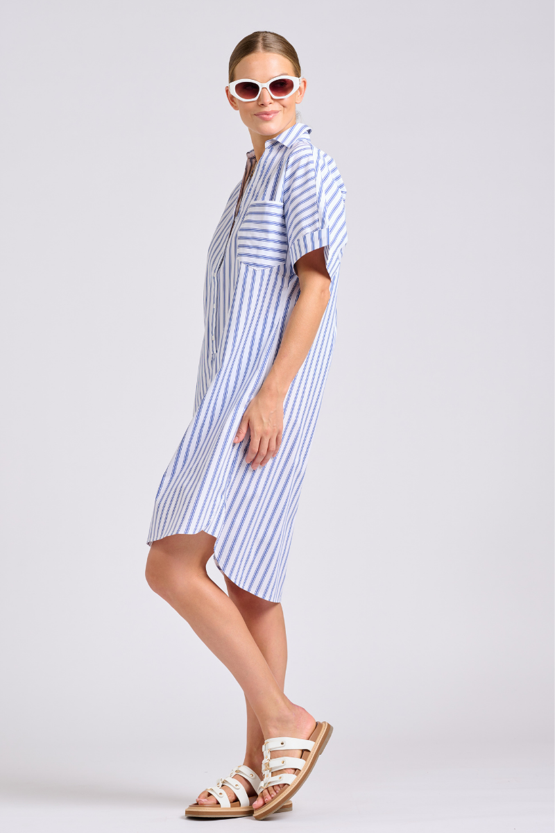 The Ella Shirt Dress - White with Navy Ticking