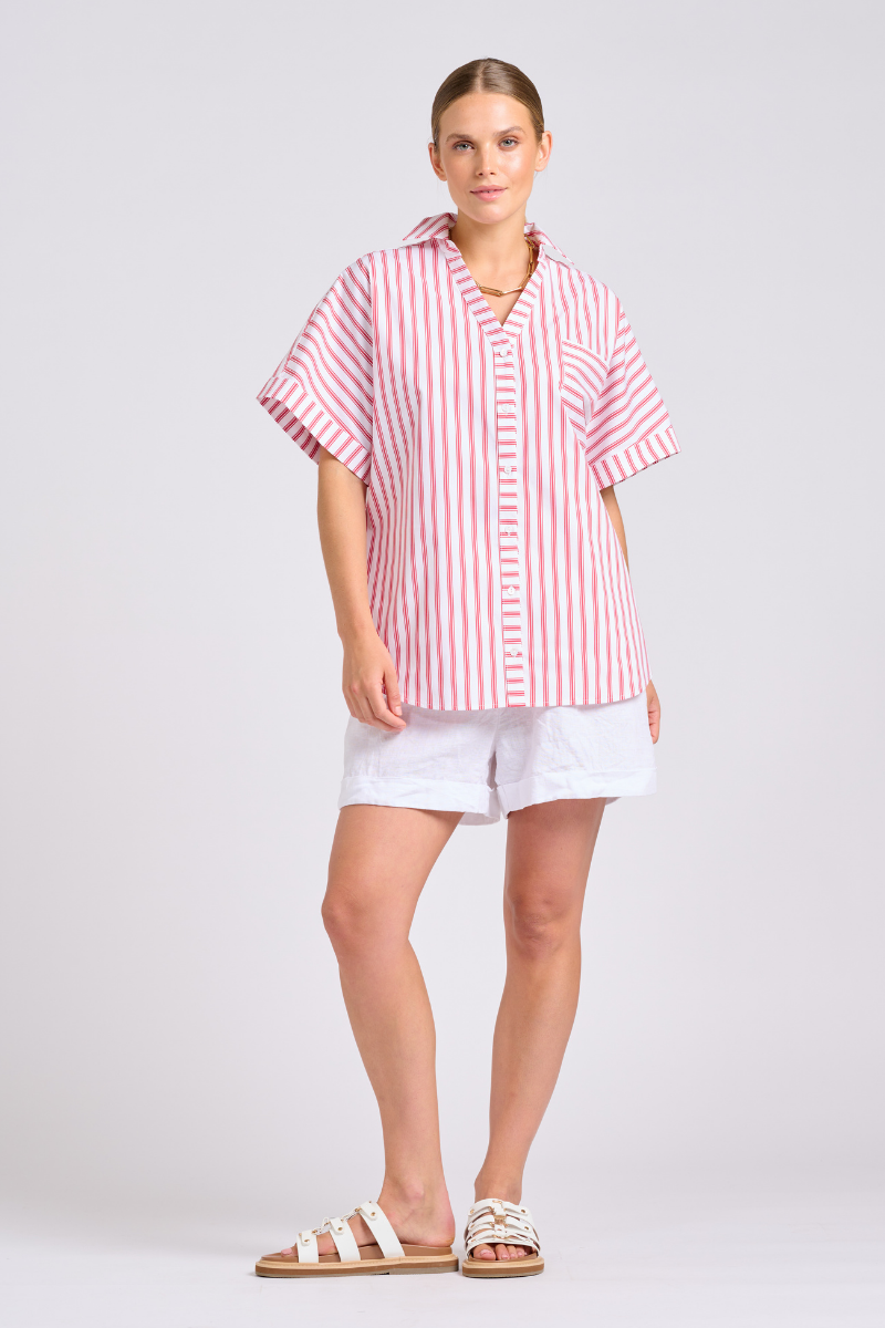 The Ella Shirt - White with Raspberry Ticking