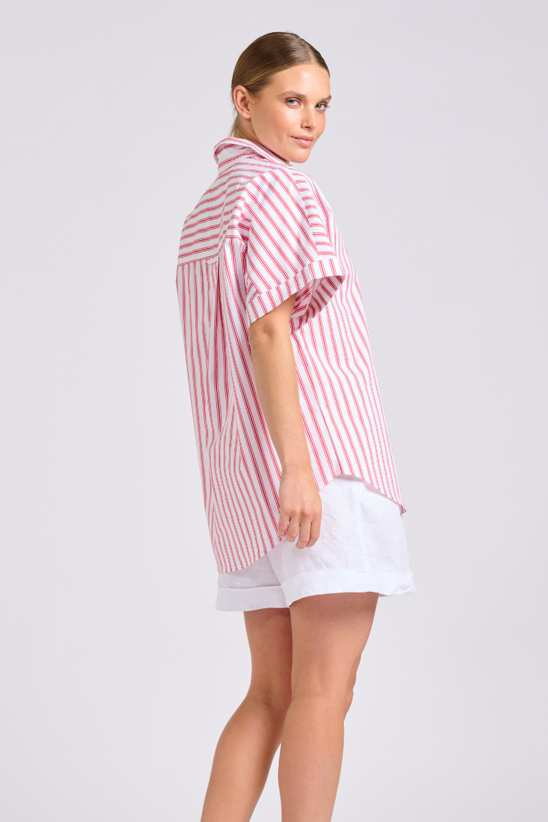 The Ella Shirt - White with Raspberry Ticking