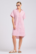 The Ella Shirt Dress - White with Raspberry Ticking