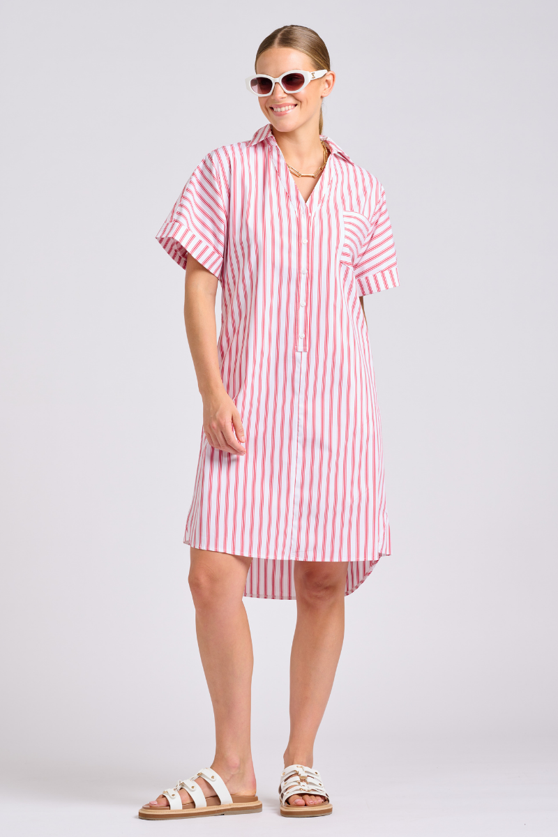 The Ella Shirt Dress - White with Raspberry Ticking