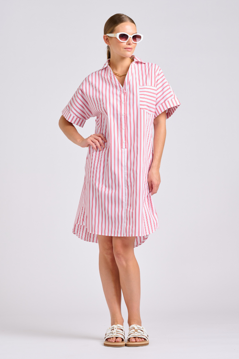 The Ella Shirt Dress - White with Raspberry Ticking