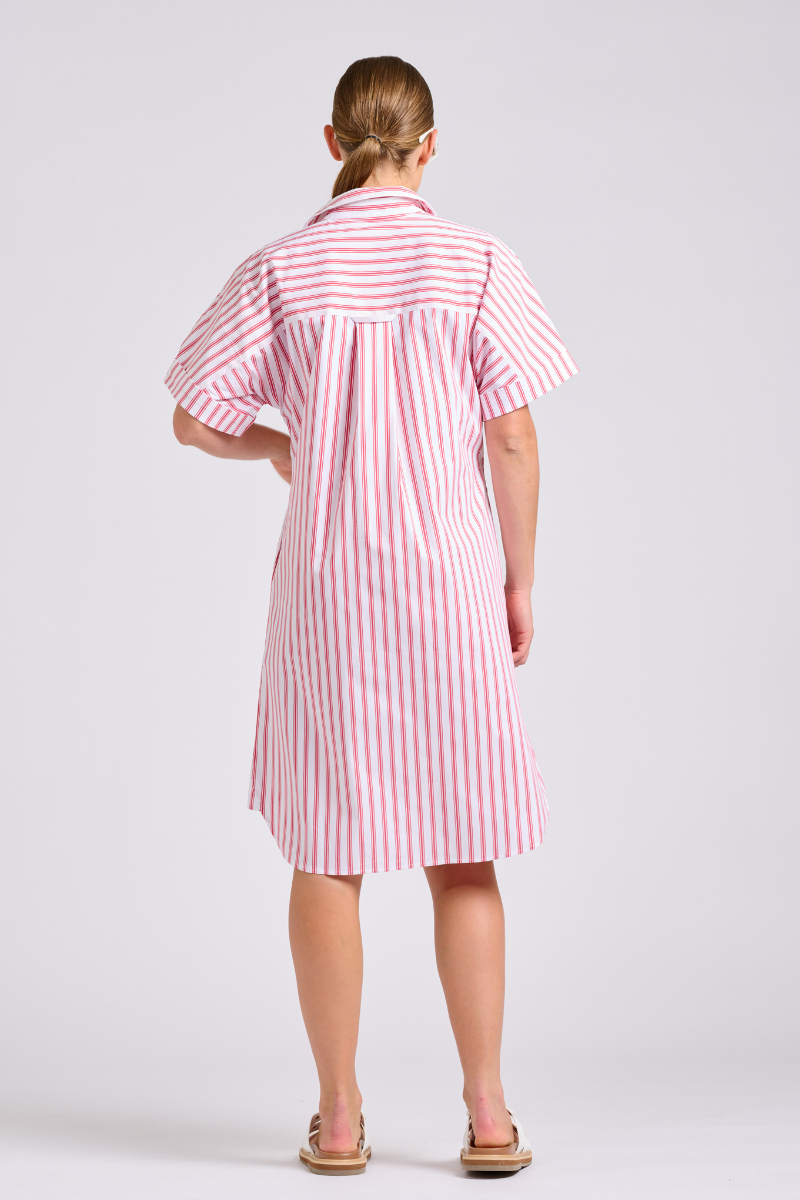 The Ella Shirt Dress - White with Raspberry Ticking