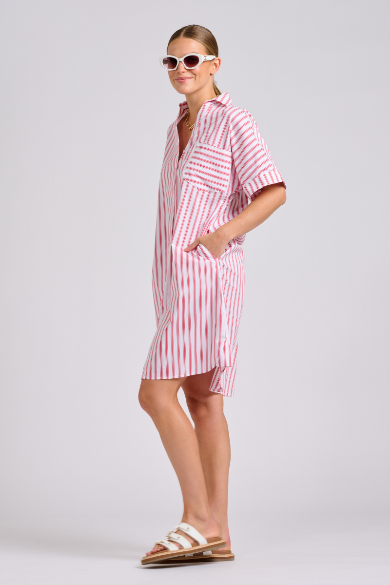 The Ella Shirt Dress - White with Raspberry Ticking