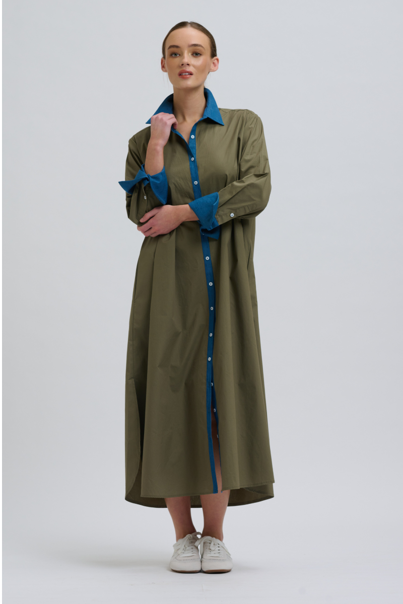 Shirty Pia Shirtdress - Olive Denim Trims