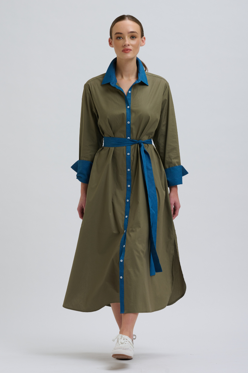 Shirty Pia Shirtdress - Olive Denim Trims