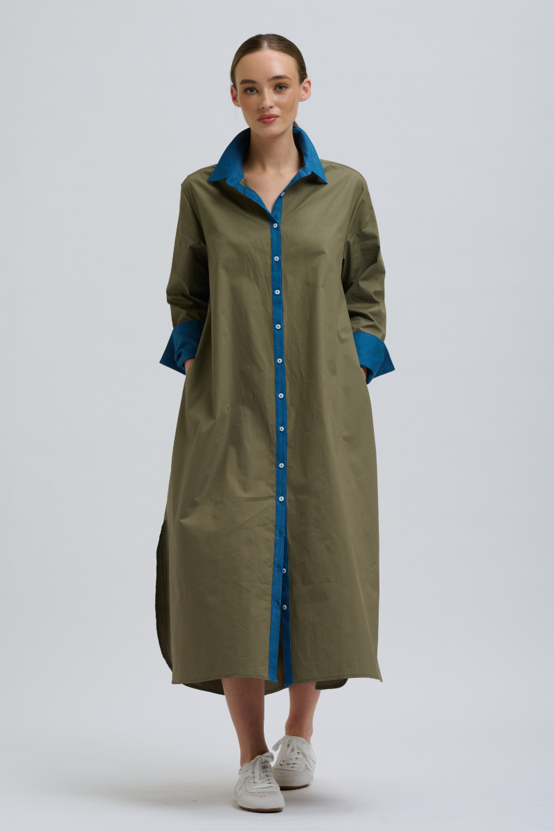Shirty Pia Shirtdress - Olive Denim Trims