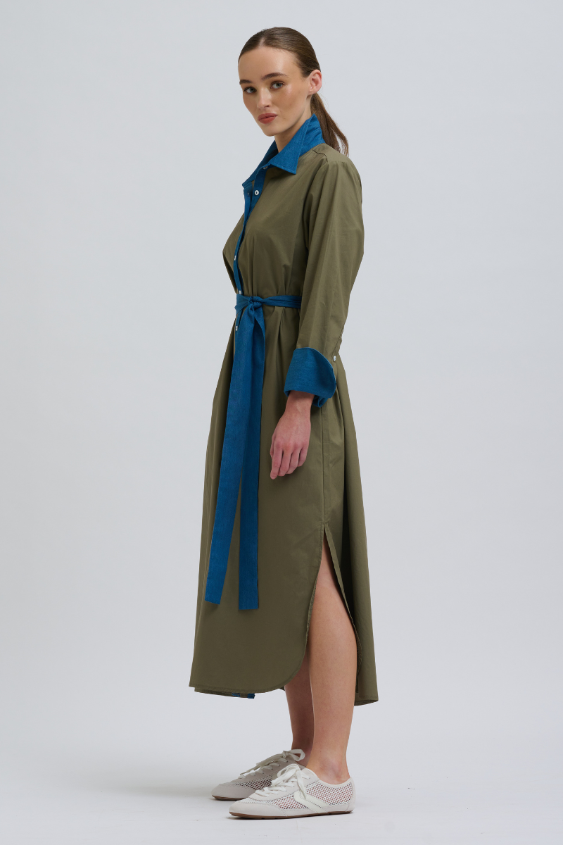 Shirty Pia Shirtdress - Olive Denim Trims